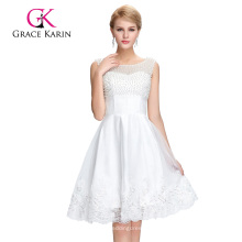 Grace Karin mangas sin mangas Cuello V de espalda Tulle Netting blanco corto vestido de baile de fin de curso GK000083-1
